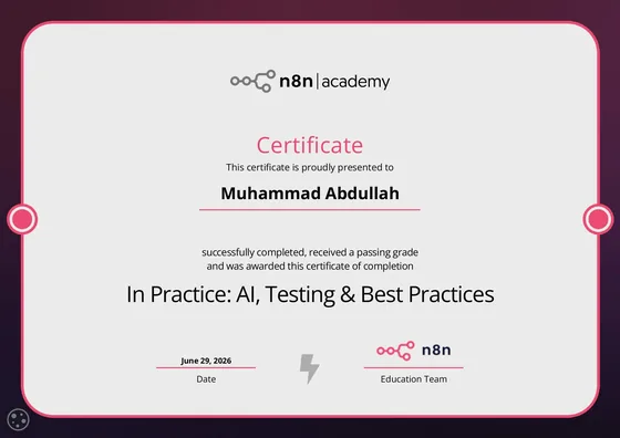 n8n In Practice: AI, Testing and Best Practices certificate preview